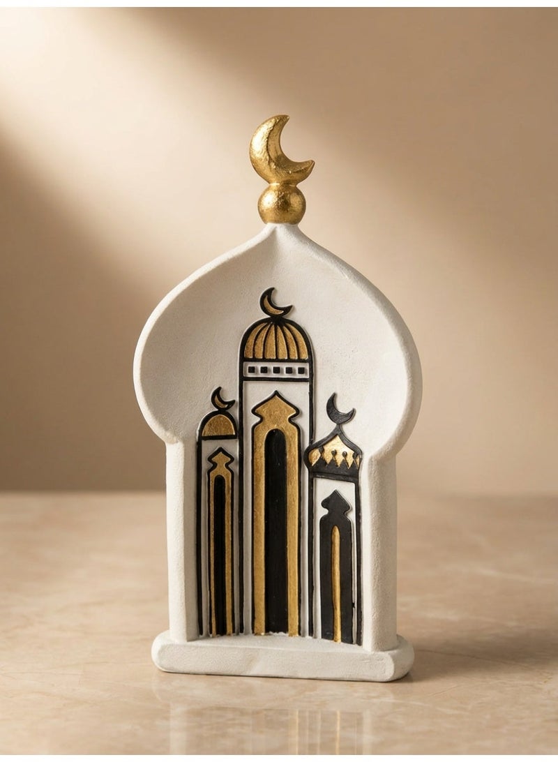 Tanseeq تمثال مسجد أنيق باللونين الأبيض والذهبي من الراتنج لتزيين المنزل العصري في رمضان، زينة طاولة إسلامية، هدية عيد مبارك، لمسة هلال للمنازل المسلمة - 1 قطعة - Image 1